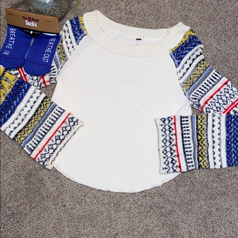 Free People White Sweater with Blue and Yellow Patterned Sleeves
